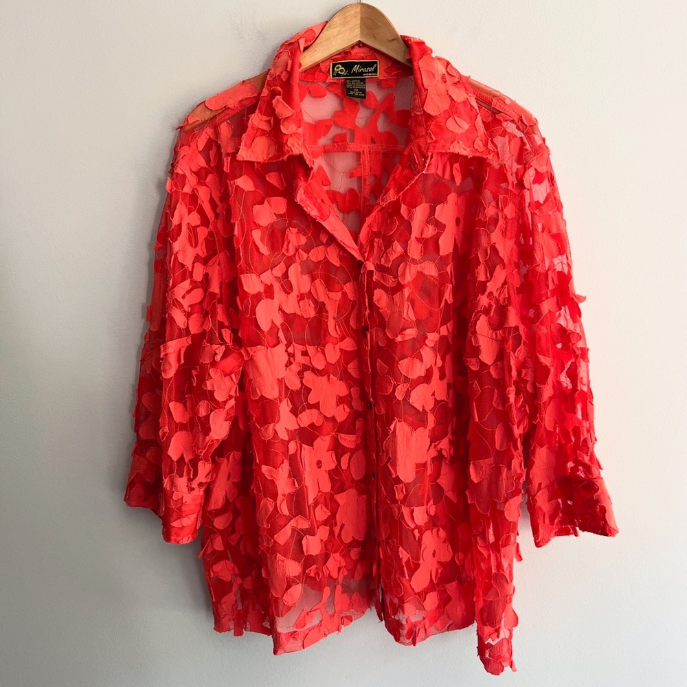 Mirasol Vintage Orange Oversized Sheer Blouse with Floral Patch Design size 3X